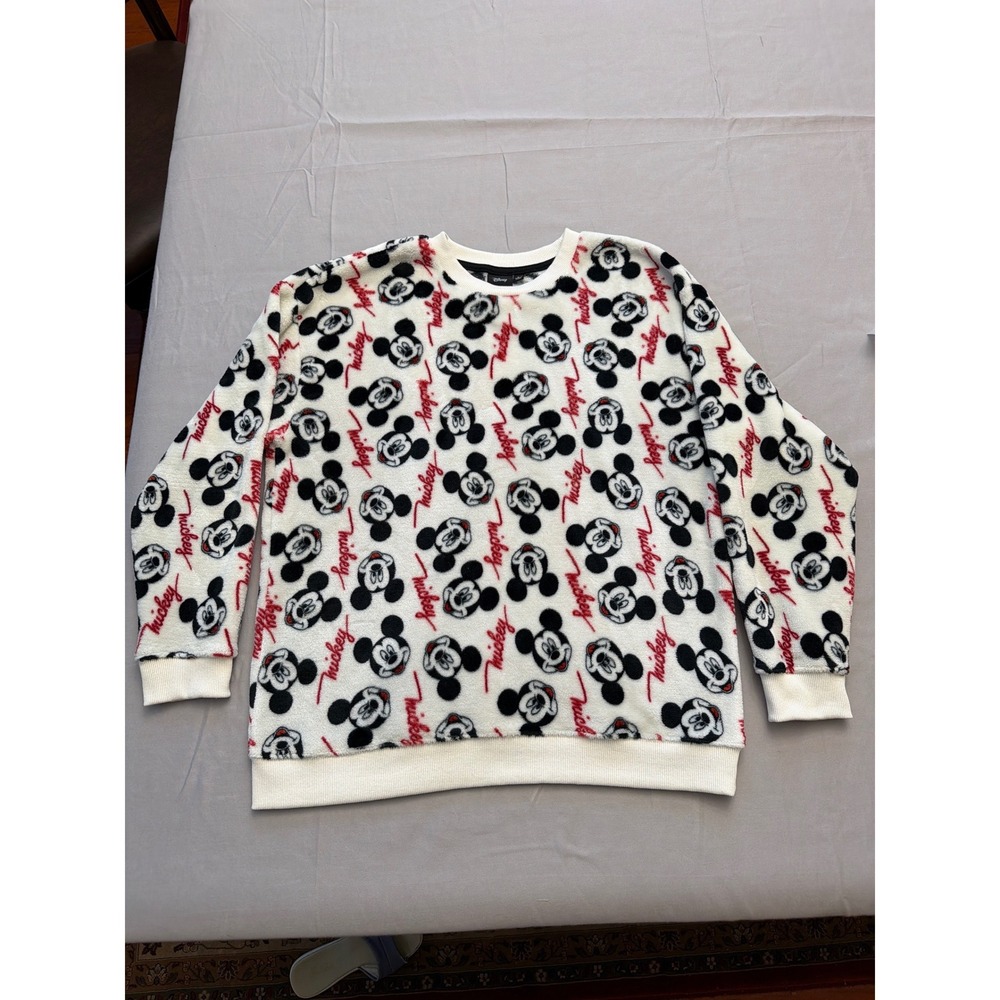 Disney Mickey Mouse Fleece Sweatshirt Large White Red Black All Over Print Crew